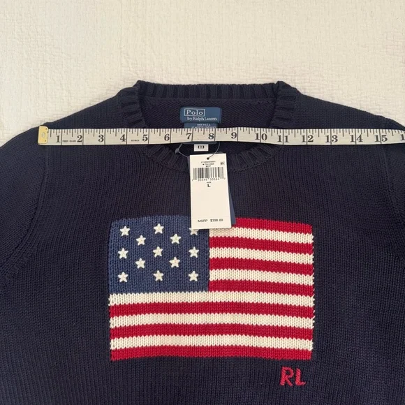 Polo by Ralph Lauren Navy Crewneck Sweater with Flag. Size L. Unisex - Picture 7 of 8